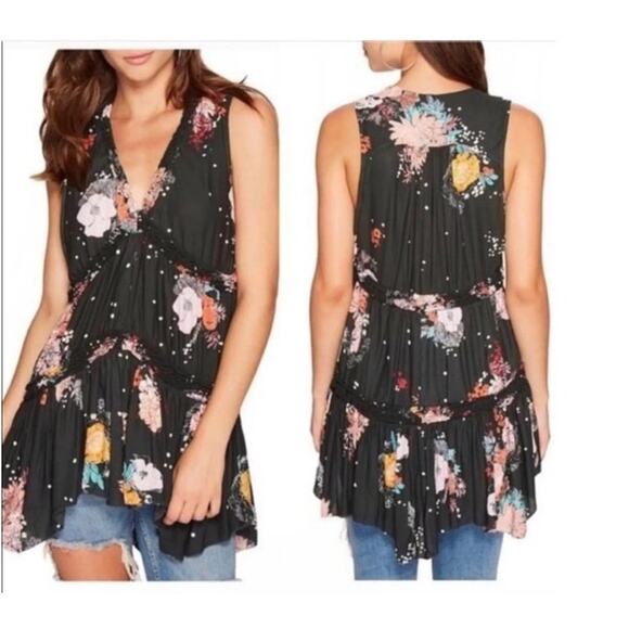 Free People Floral Tiered Tunic Tank Top Small Sleeveless V Neck - Picture 1 of 9